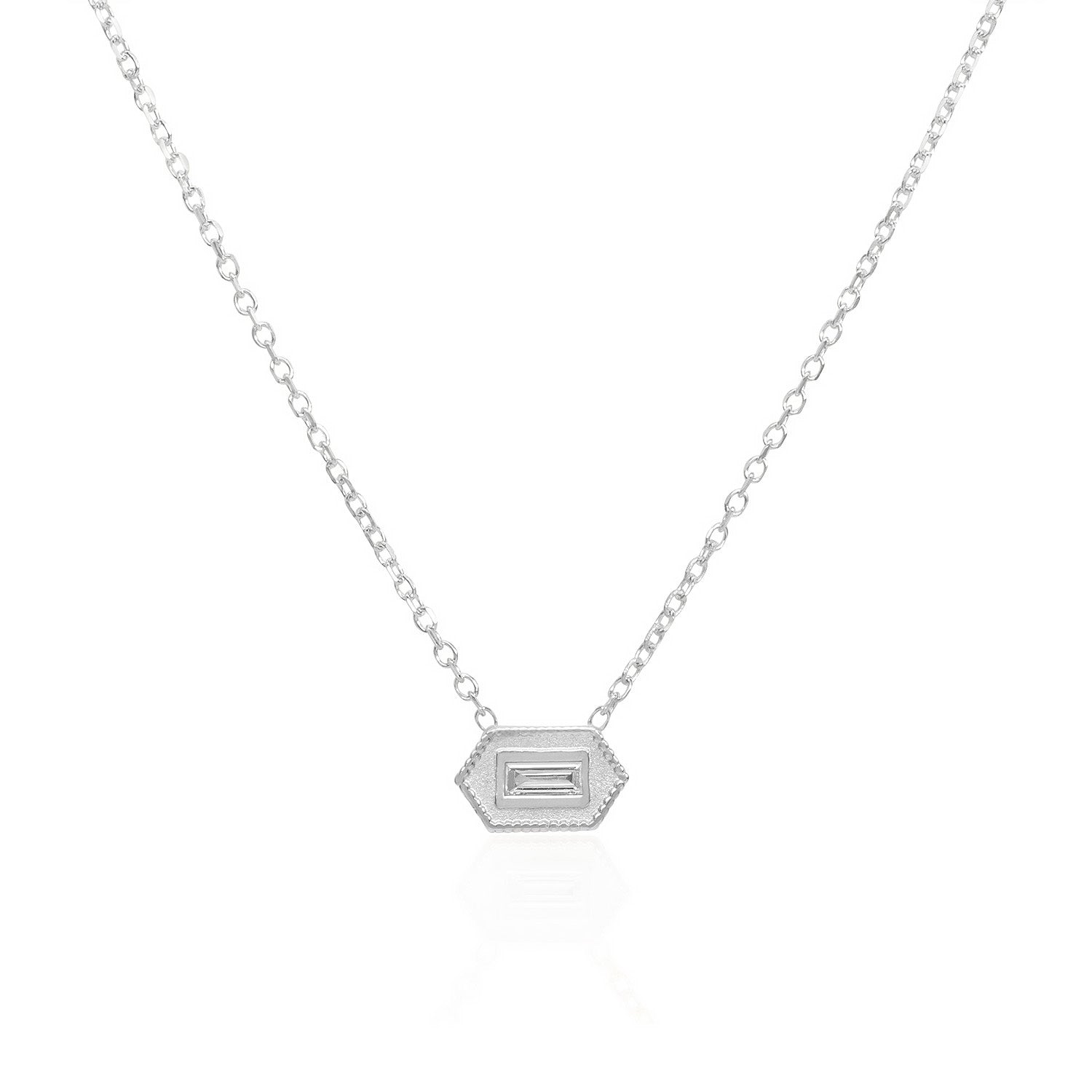 Vale Jewelry Verre Necklace with Baguette Cut White Diamond on Diamond Cut Cable Chain in 14 Karat White Gold Close Up
