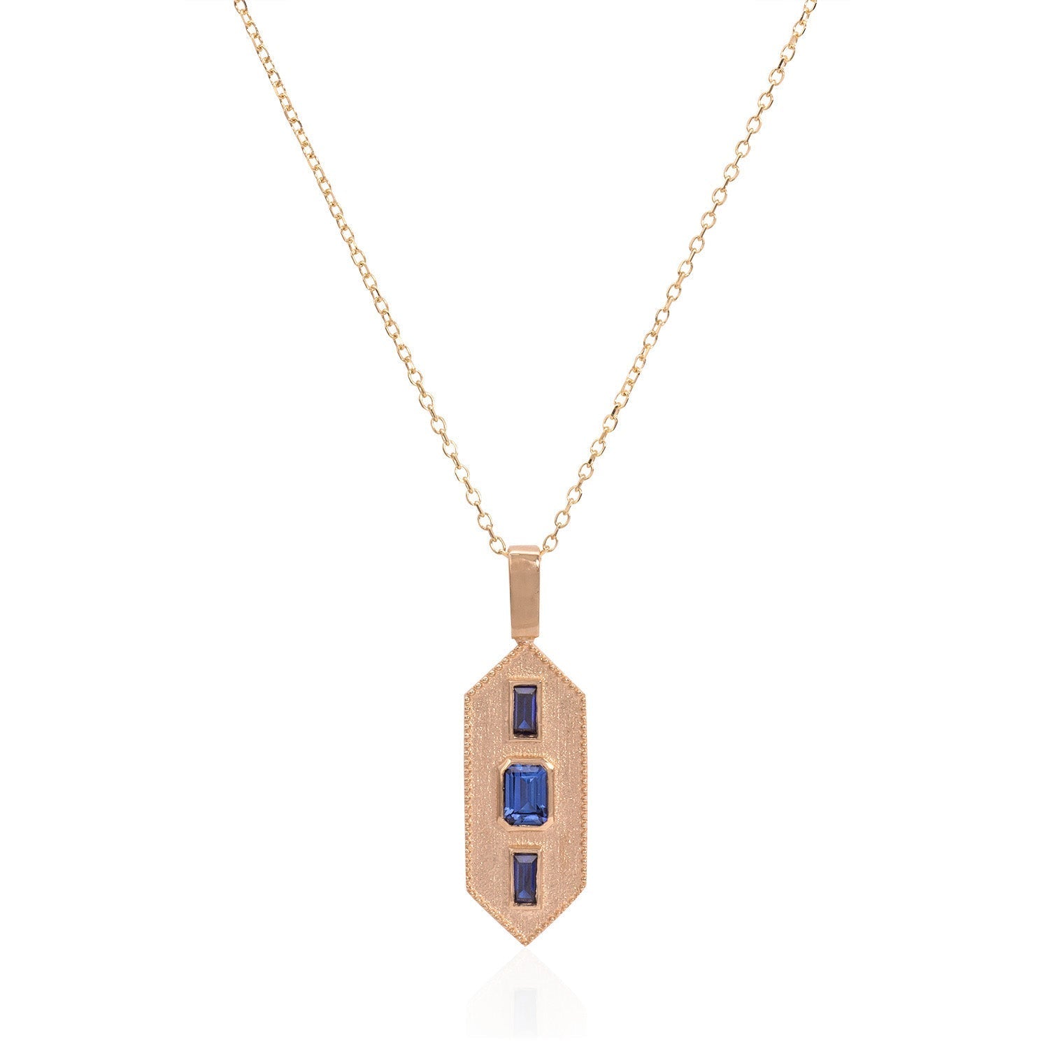 Vale Jewelry Verriere Necklace with Baguette and Emerald Cut Blue Sapphires on Diamond Cut Cable Chain in 14 Karat Rose Gold Close Up