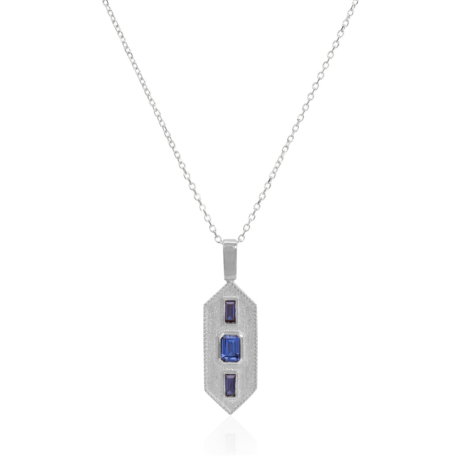 Vale Jewelry Verriere Necklace with Baguette and Emerald Cut Blue Sapphires on Diamond Cut Cable Chain in 14 Karat White Gold Close Up