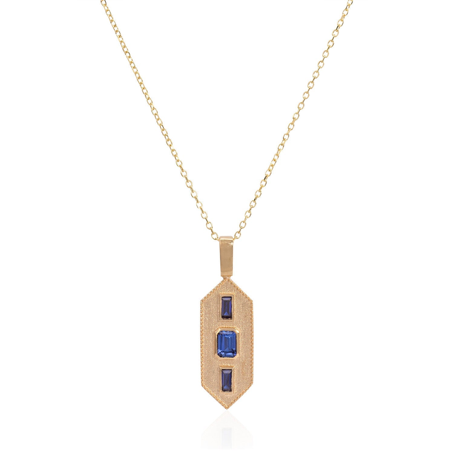 Vale Jewelry Verriere Necklace with Baguette and Emerald Cut Blue Sapphires on Diamond Cut Cable Chain in 14 Karat Yellow Gold Close Up