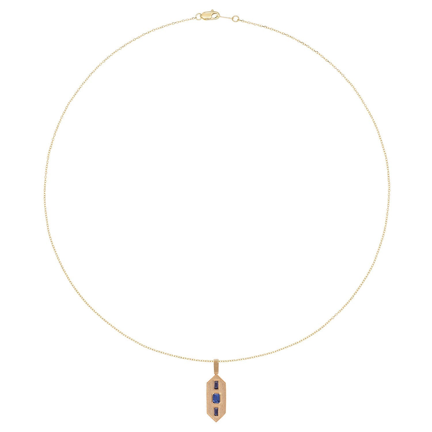 Vale Jewelry Verriere Necklace with Baguette and Emerald Cut Blue Sapphires on Diamond Cut Cable Chain in 14 Karat Yellow Gold Full Circle