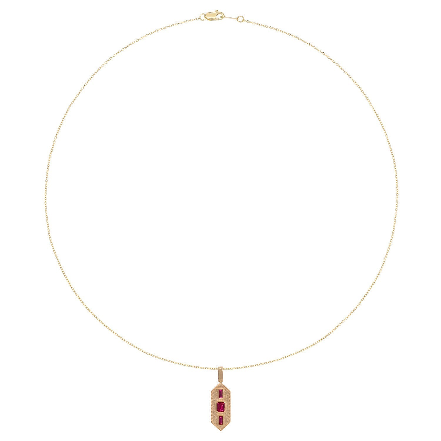 Vale Jewelry Verriere Necklace with Baguette and Emerald Cut Rubies on Diamond Cut Cable Chain in 14 Karat Yellow Gold Full Circle