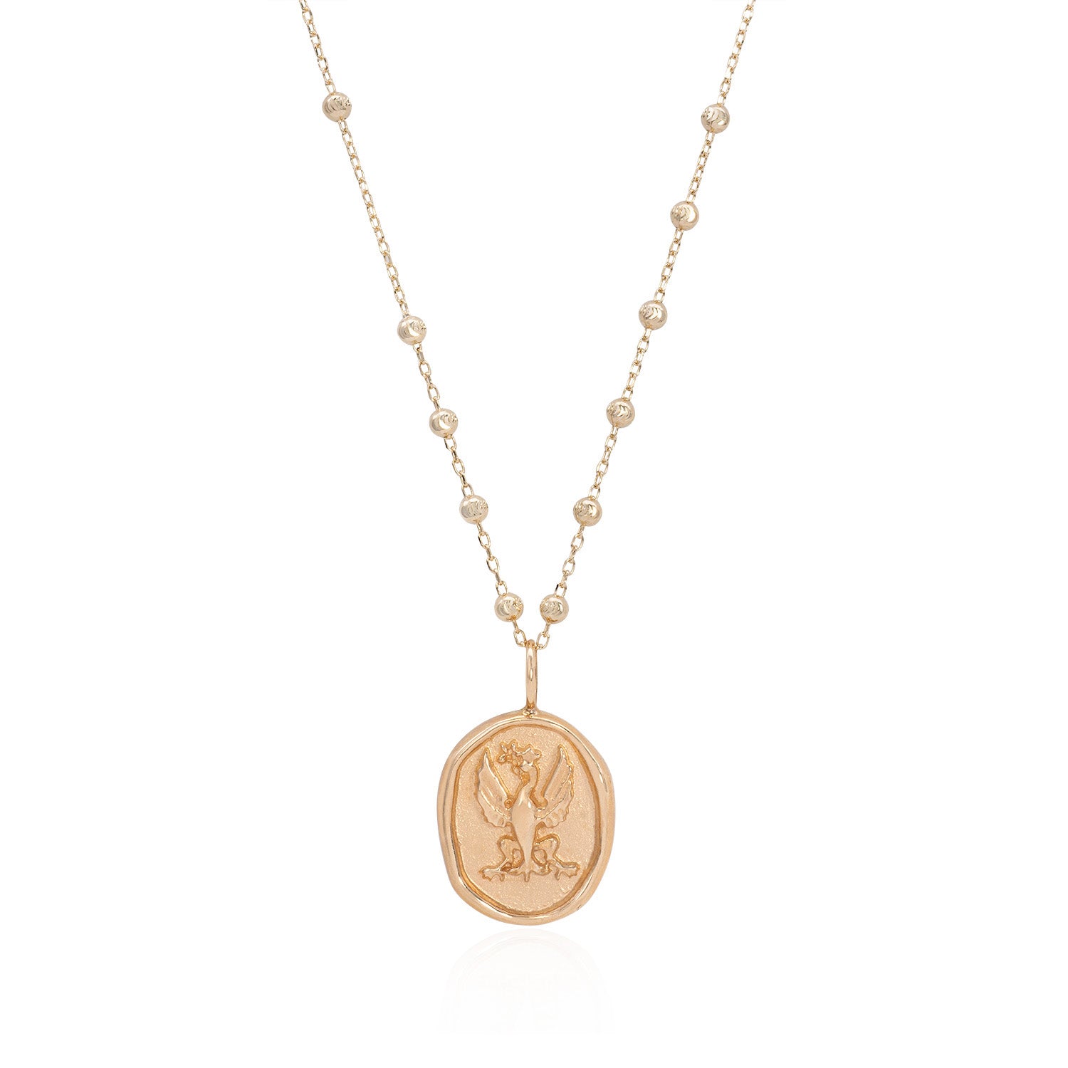 Vale Jewelry Wax Seal Phoenix Amulet Necklace on Rosary Chain in 14 Karat Yellow Gold Close Up