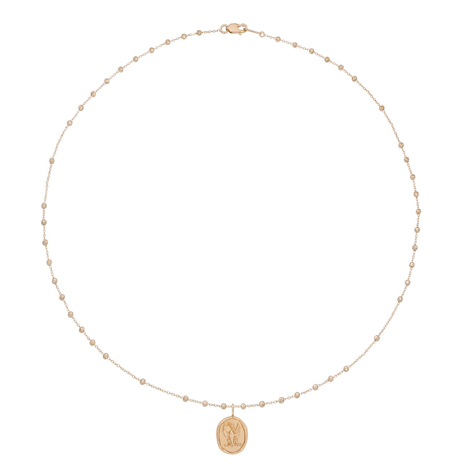 Vale Jewelry Wax Seal Phoenix Amulet Necklace on Rosary Chain in 14 Karat Yellow Gold Full Circle