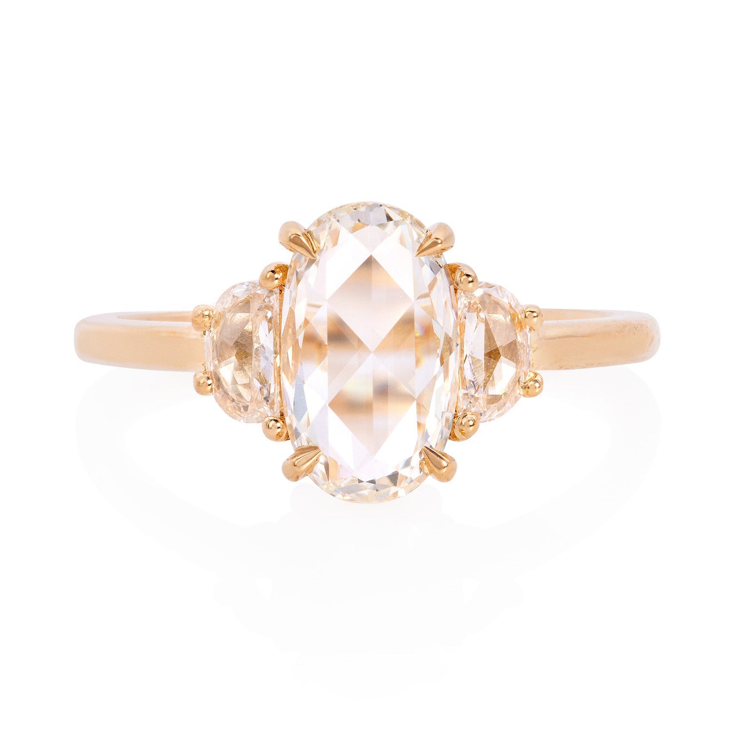 Vale Jewelry OOAK 1.10 Carat Oval & Half Moon Rose Cut White Diamond Ring in 18 Karat Yellow Gold Front View