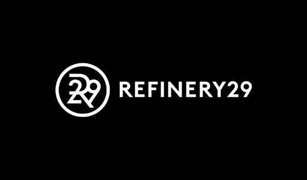 white refinery29 logo over black background