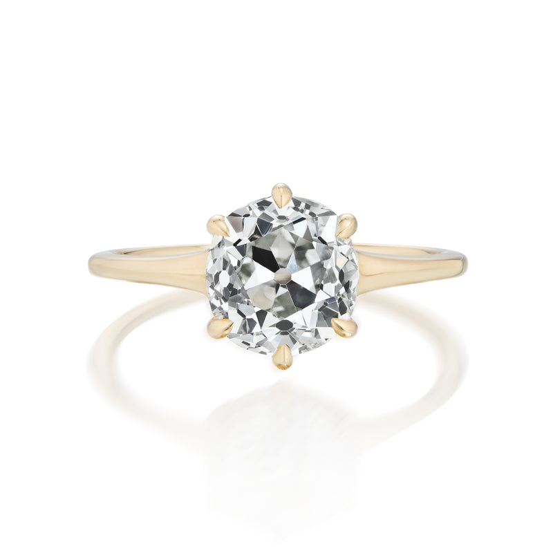 2.27 Carat Old Mine Cut Diamond Solitaire Delaney Ring in 18K Yellow Gold Front Vale Jewelry