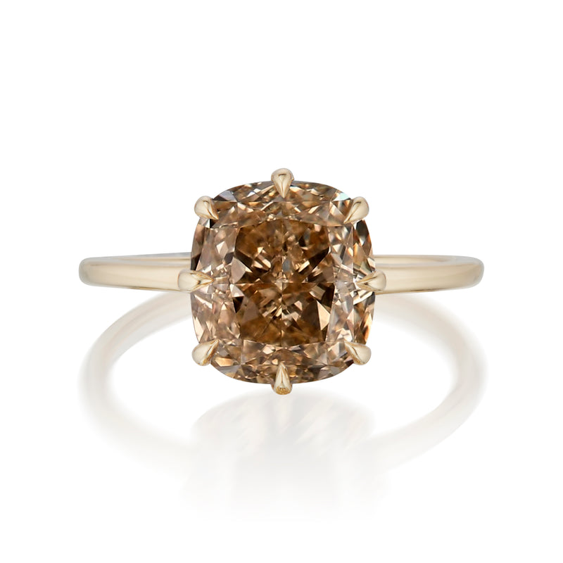 Vale Jewelry 3.05 carat Fancy Yellow Brown Cushion Cut Diamond Solitaire Ring In 18K Yellow Gold Front View