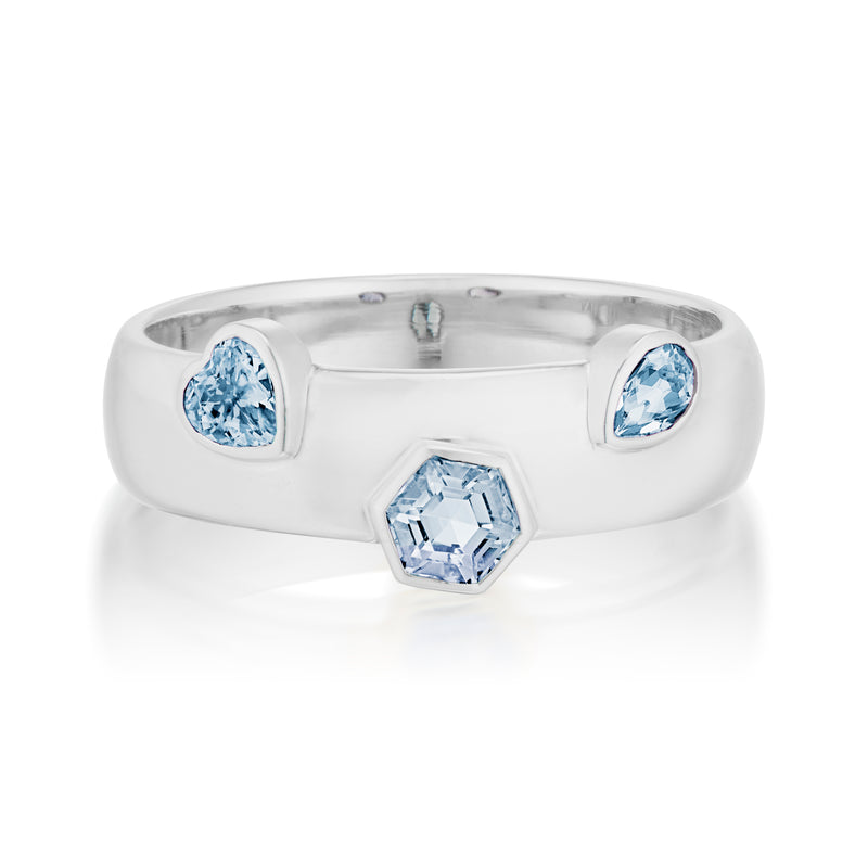 Vale Jewelry Dome Ring with 3 Sapphires in Mixed Shapes in White Gold Front View