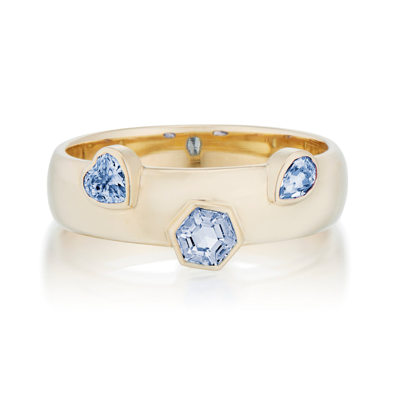 Vale Jewelry Dome Ring with 3 Sapphires in Mixed Shapes in Yellow Gold Front View