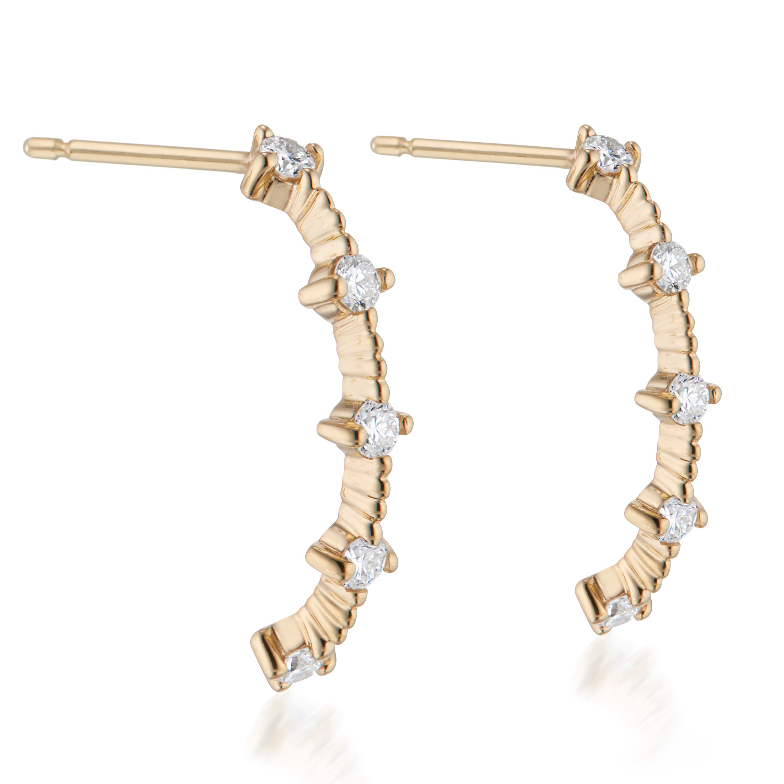 Celeste Half Hoop Earrings White Diamonds Side View 14K Yellow Gold