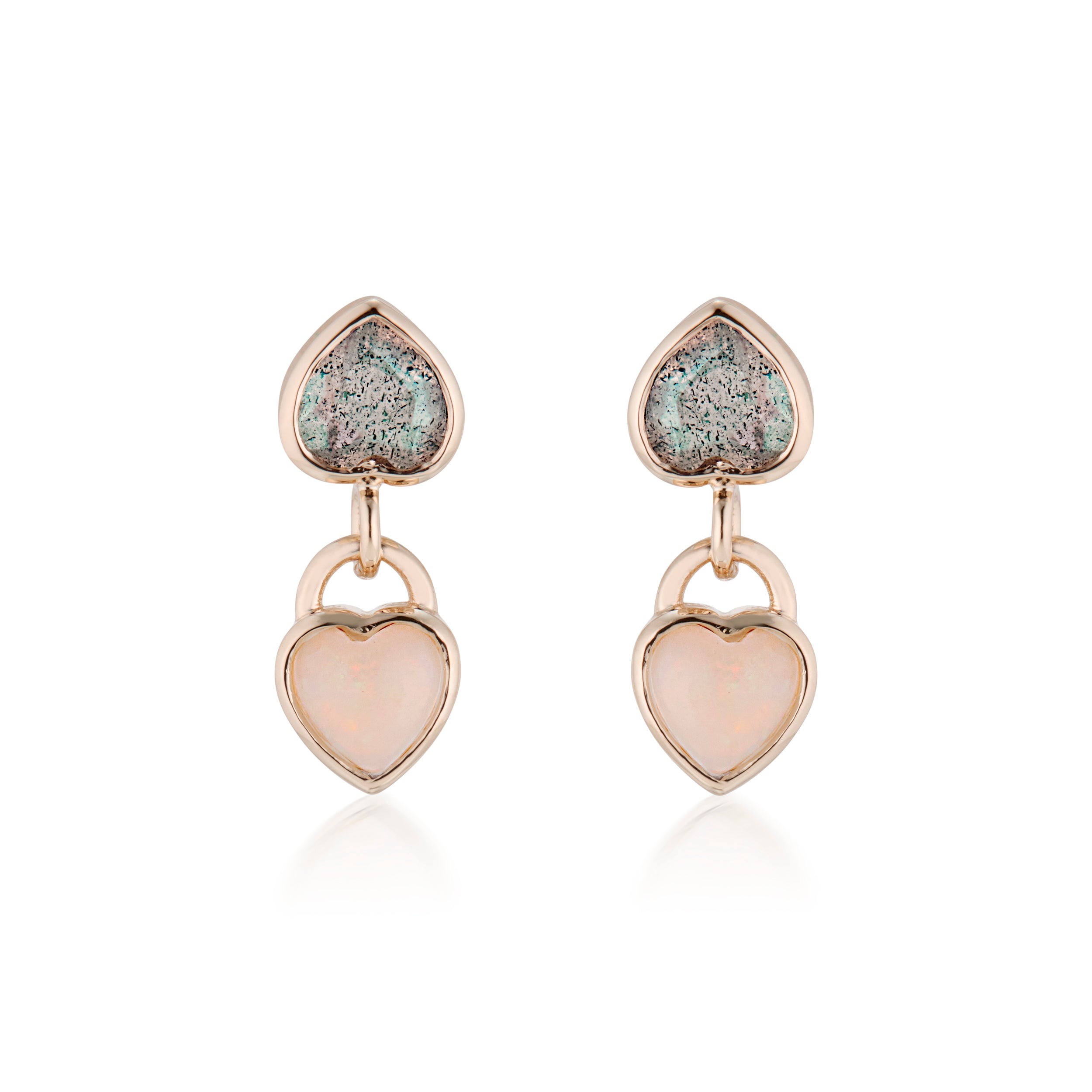 Double Heart Labradorite And Opal Heart Drop Bezel Set Earrings Rose Front View