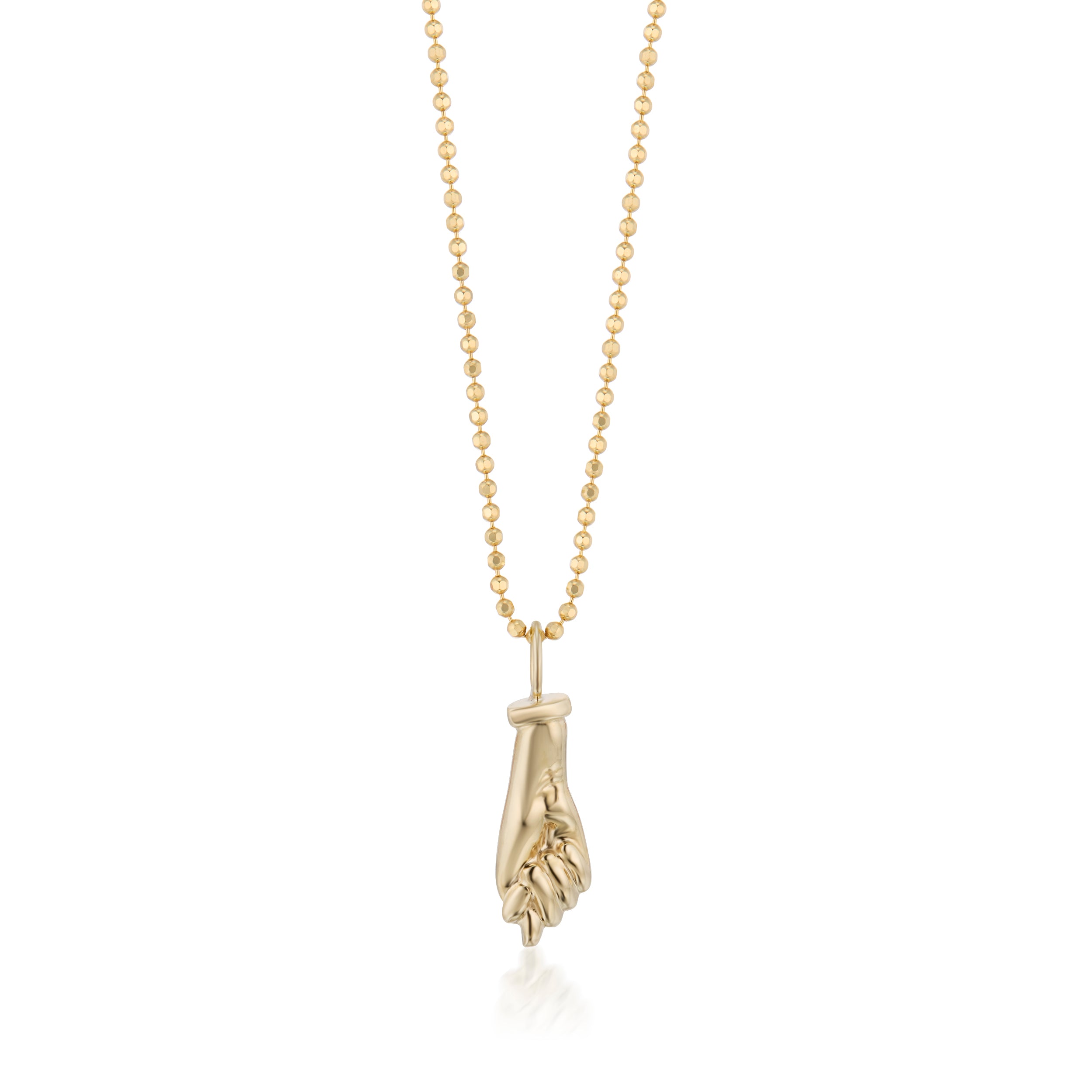 Vale Jewelry Figa Hand Charm on Faceted Bead Chain Necklace in 14 Karat Yellow Gold Close Up