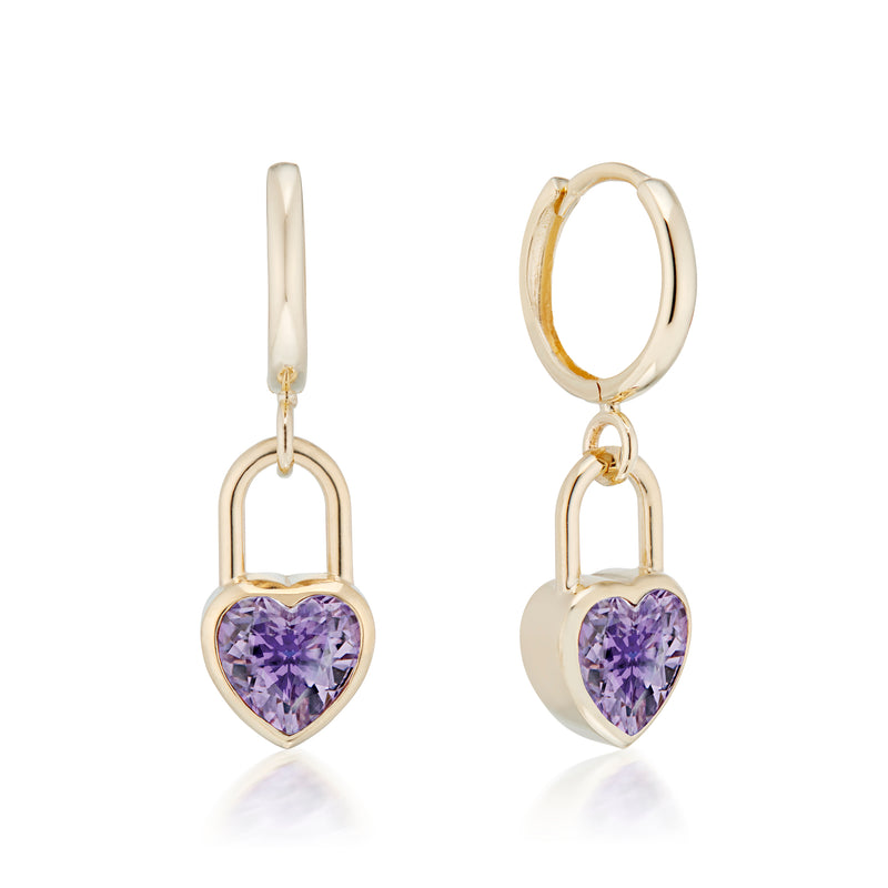 Vale Jewelry Heart Lock Amethyst Huggie Earrings in Yellow Gold