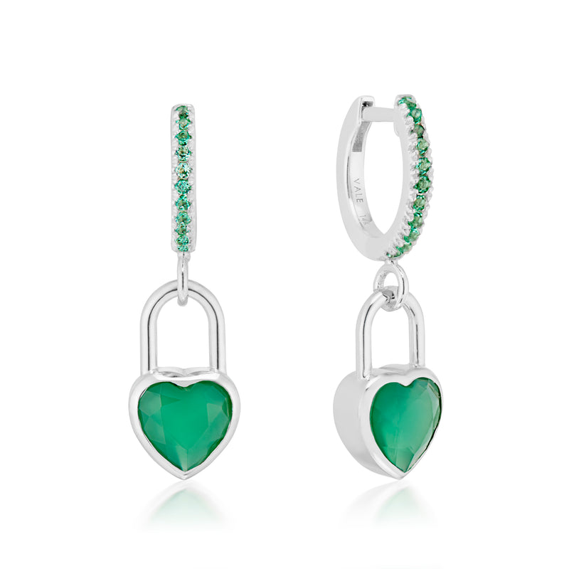 Heart Lock Green Onyx & Emerald Huggie Earrings