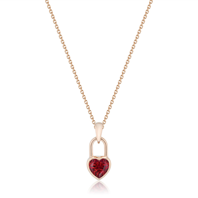 Vale Jewelry Heart Lock Garnet Necklace in Rose Gold Closeup