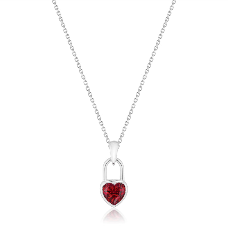 Vale Jewelry Heart Lock Garnet Necklace in White Gold Closeup