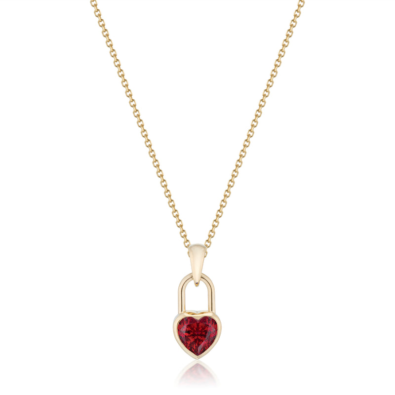 Vale Jewelry Heart Lock Garnet Necklace in Yellow Gold Closeup