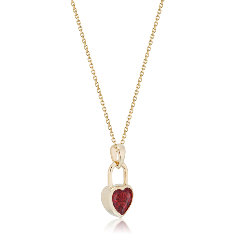 Vale Jewelry Heart Lock Garnet Necklace in Yellow Gold Closeup Side Lock View