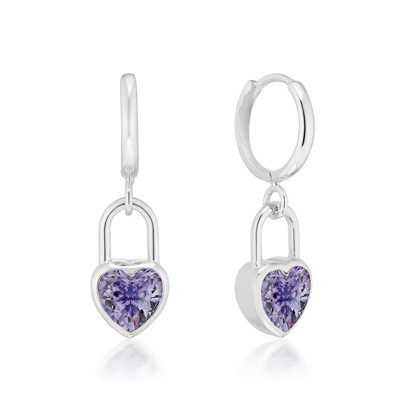 Vale Jewelry Heart Lock Amethyst Huggie Earrings in White Gold