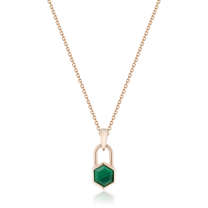 Vale Jewelry Hexagon Lock Malachite Necklace in Rose Gold