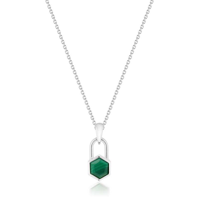 Vale Jewelry Hexagon Lock Malachite Necklace in White Gold