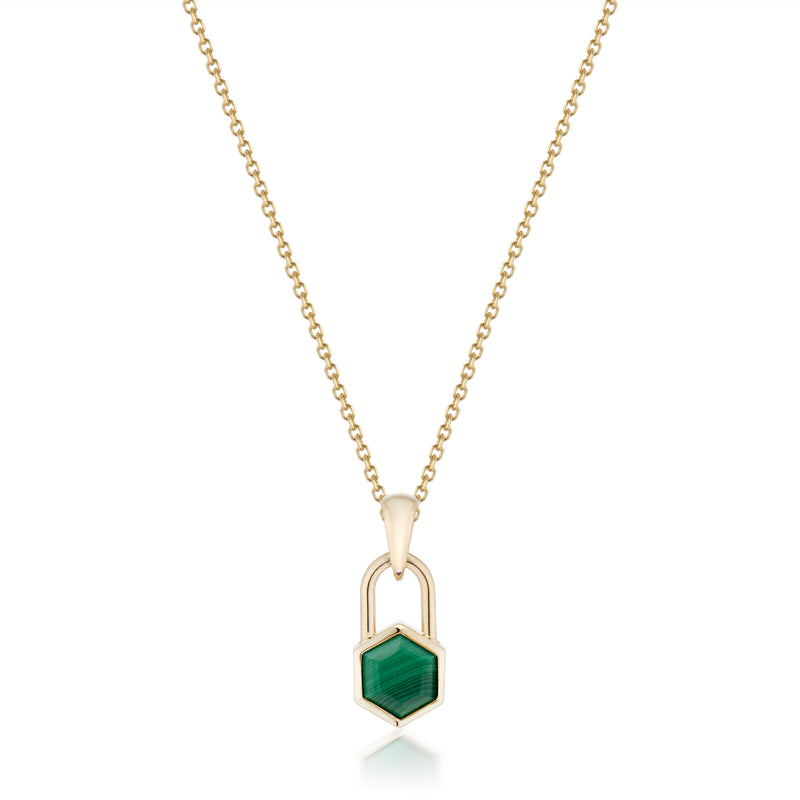 Vale Jewelry Hexagon Lock Malachite Necklace in Yellow Gold