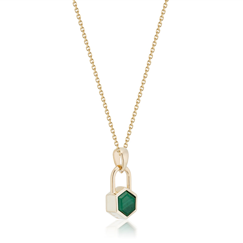 Vale Jewelry Hexagon Lock Malachite Necklace in Yellow Gold Side Image