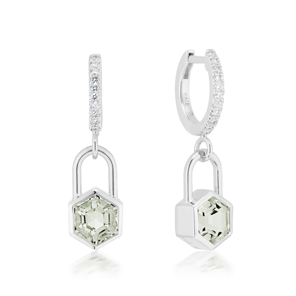 Hexagon Lock Prasiolite & White Diamond Huggie Earrings