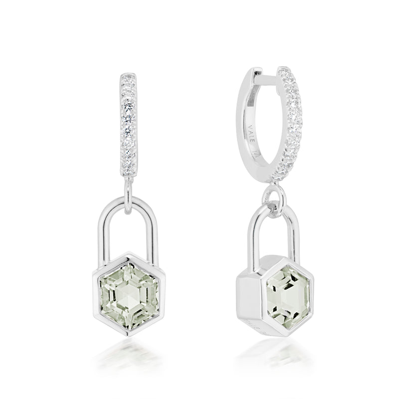 Hexagon Lock Prasiolite & White Diamond Huggie Earrings