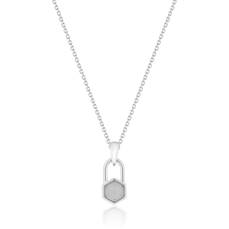 Vale Jewelry Hexagon Lock Blue Chalcedony Necklace in White Gold