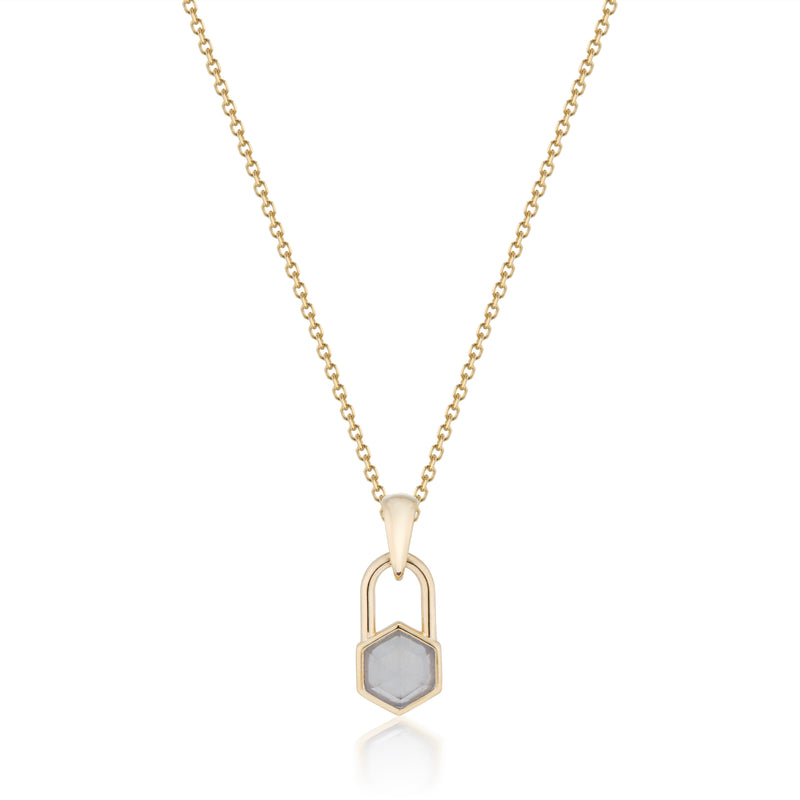 Vale Jewelry Hexagon Lock Blue Chalcedony Necklace in Yellow Gold