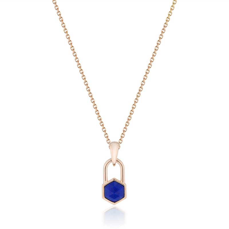 Vale Jewelry Hexagon Lock Lapis Lazuli Necklace in Rose Gold