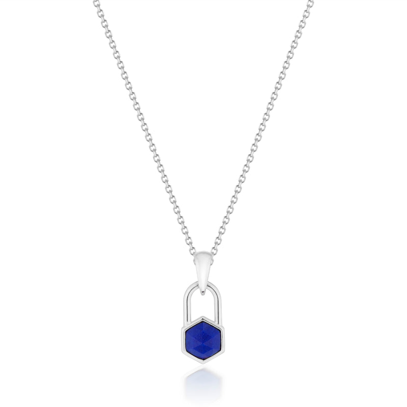 Vale Jewelry Hexagon Lock Lapis Lazuli Necklace in White Gold