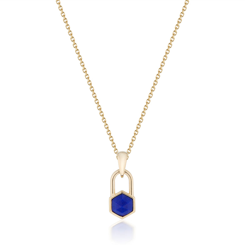 Vale Jewelry Hexagon Lock Lapis Lazuli Necklace in Yellow Gold