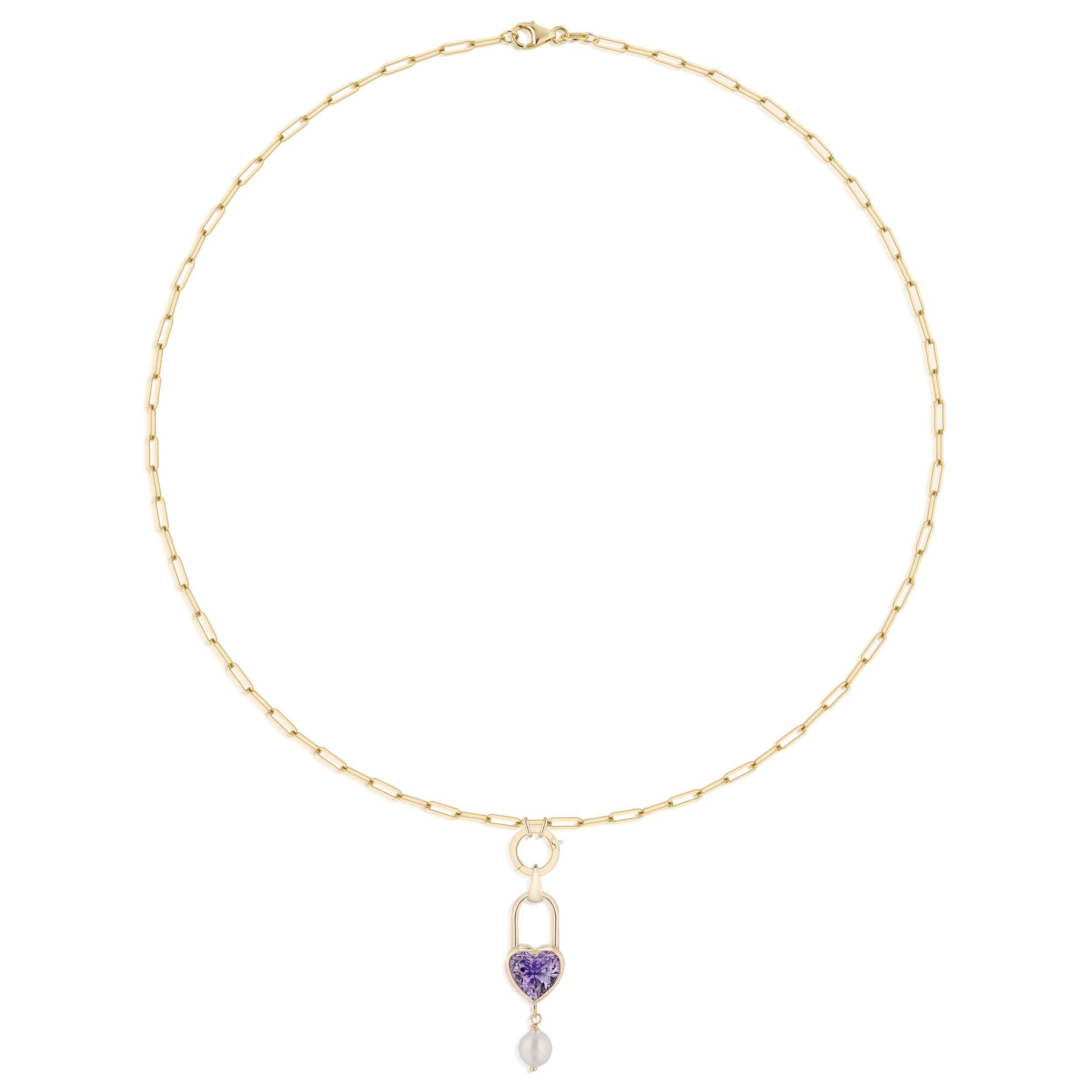 Large Heart Lock Amethyst And Baroque Pearl Drop Charm Ring Paperclip Necklace Yellow Full Round View