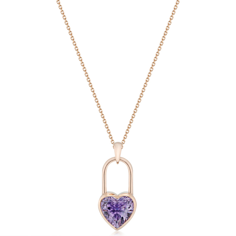 Vale Jewelry Large Heart Lock Amethyst Necklace in Rose Gold Closeup