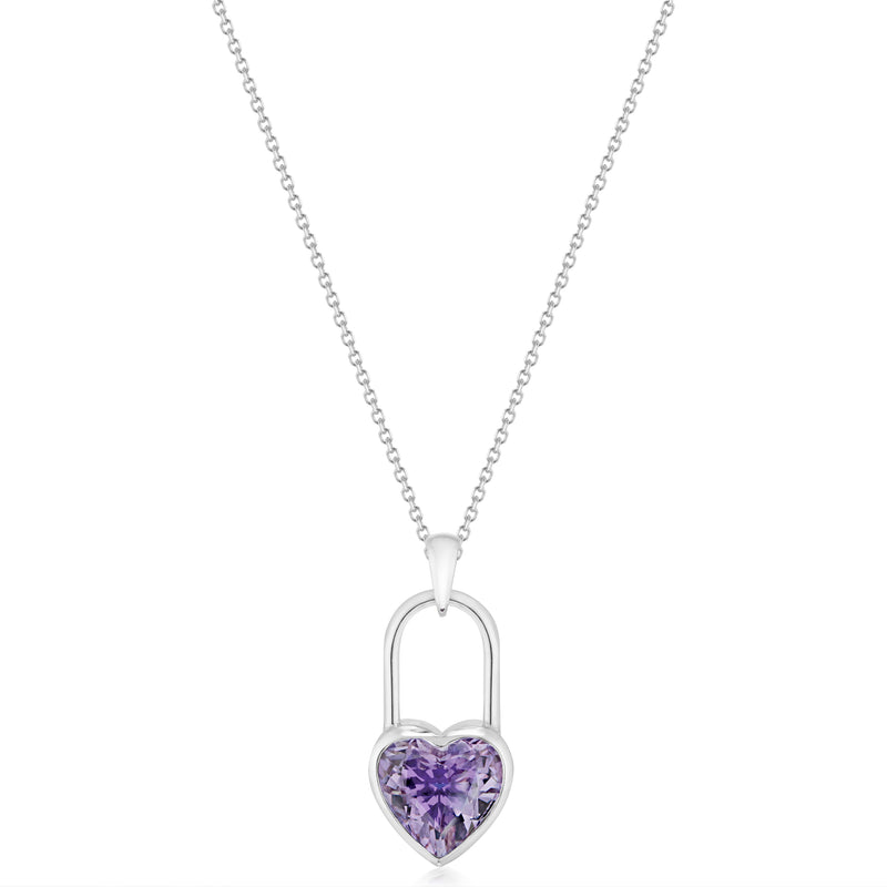 Vale Jewelry Large Heart Lock Amethyst Necklace in White Gold Closeup