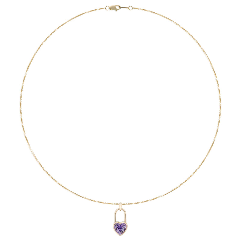 Vale Jewelry Large Heart Lock Amethyst Necklace in Yellow Gold Full View