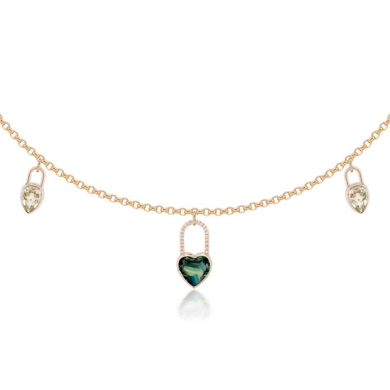 Heart Sapphire & Pear Prasiolite Lock Charm Necklace in Rose Gold Closeup