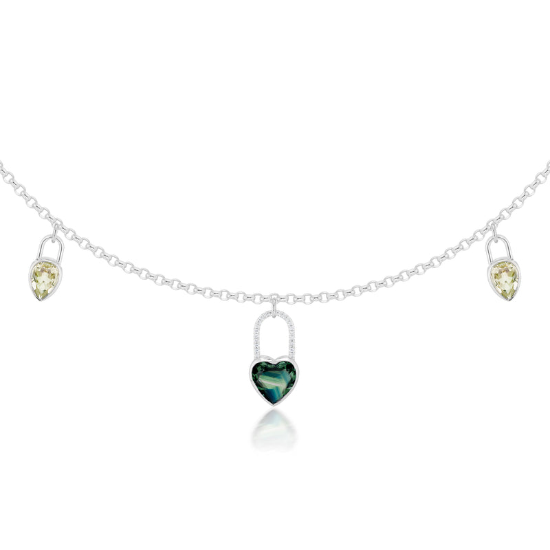 Heart Sapphire & Pear Prasiolite Lock Charm Necklace in White Gold Closeup