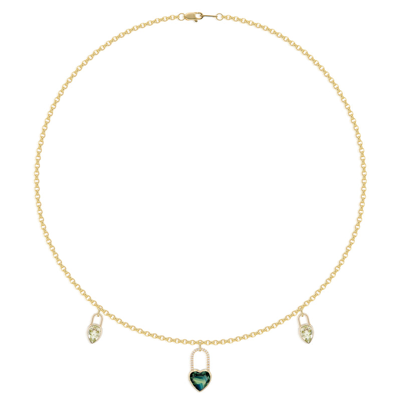 Heart Sapphire & Pear Prasiolite Lock Charm Necklace in Yellow Gold Full Image