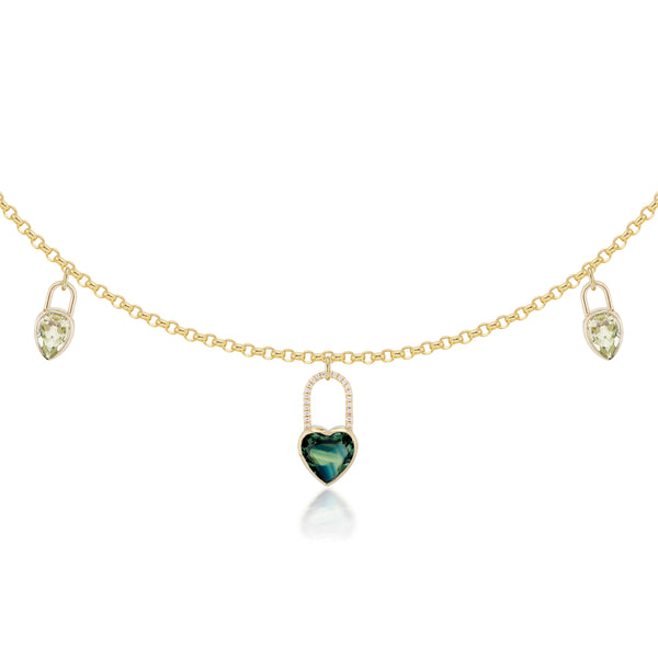 Heart Sapphire & Pear Prasiolite Lock Charm Necklace