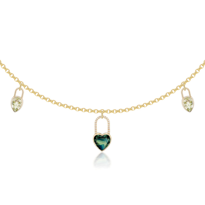 Vale Jewelry Heart Sapphire & Pear Prasiolite Lock Charm Necklace in Yellow Gold