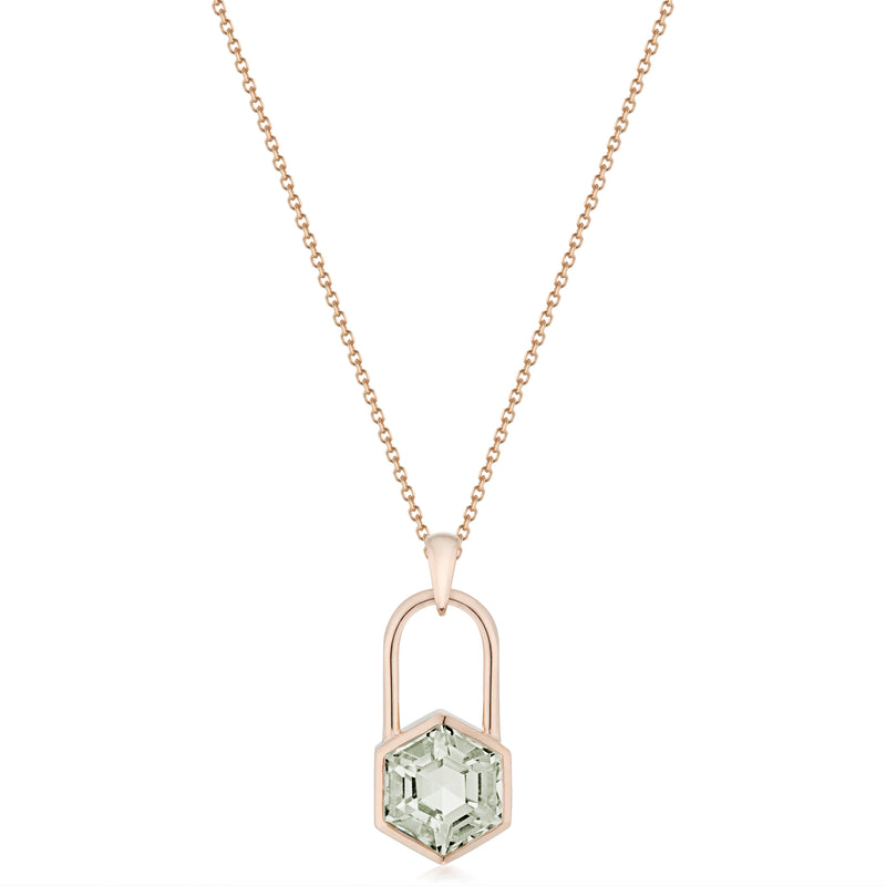 Vale Jewelry Large Hexagon Lock Prasiolite Necklace in Rose Gold