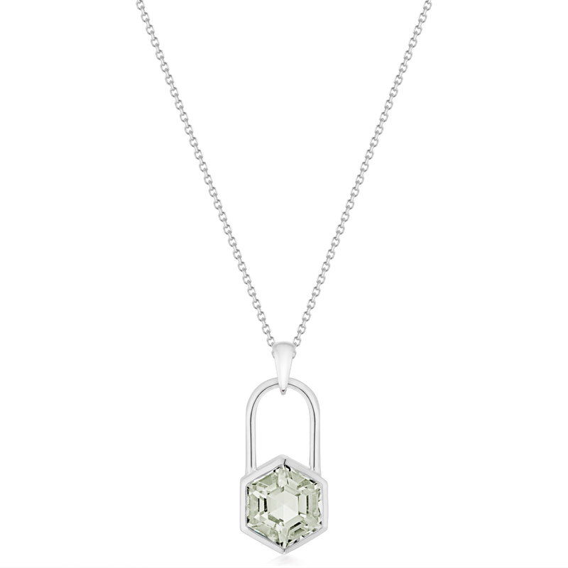 Vale Jewelry Large Hexagon Lock Prasiolite Necklace in White Gold