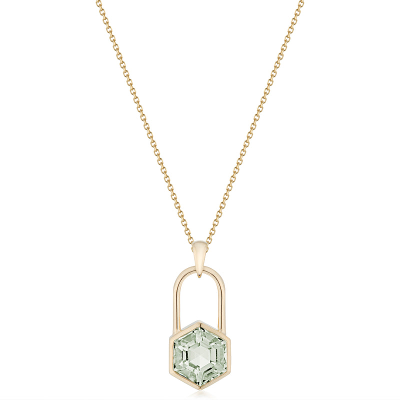 Vale Jewelry Large Hexagon Lock Prasiolite Necklace in Yellow Gold