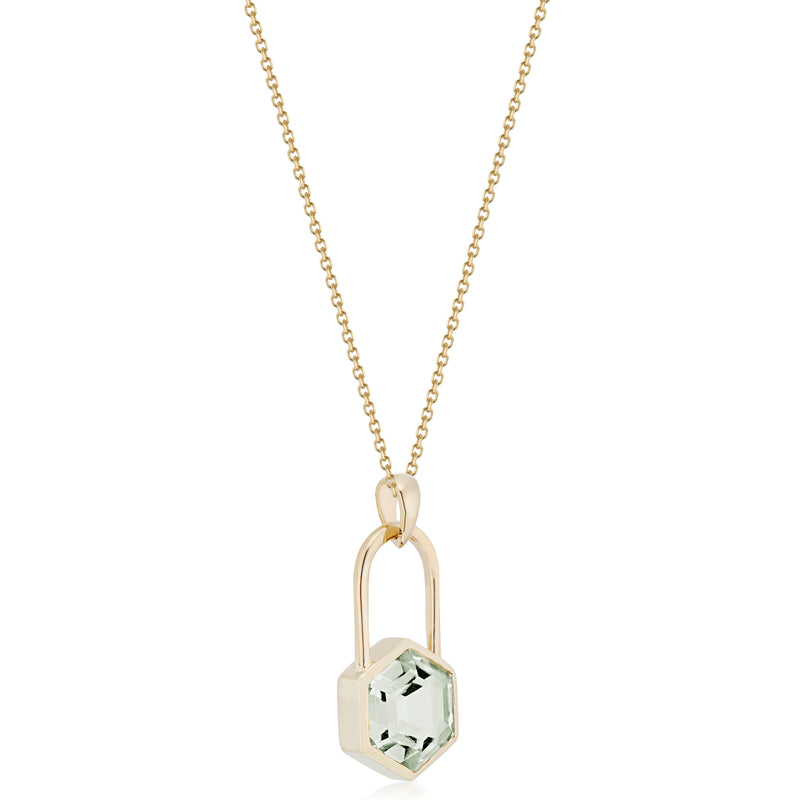 Vale Jewelry Large Hexagon Lock Prasiolite Necklace in Yellow Gold Side View