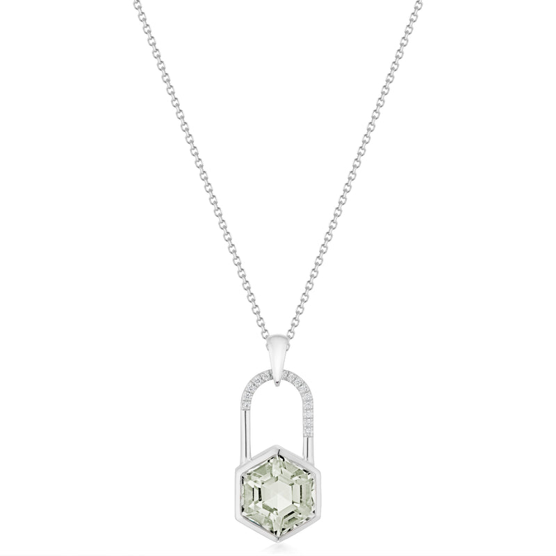 Vale Jewelry Large Hexagon Lock with Diagonal Pave Necklace in White Gold