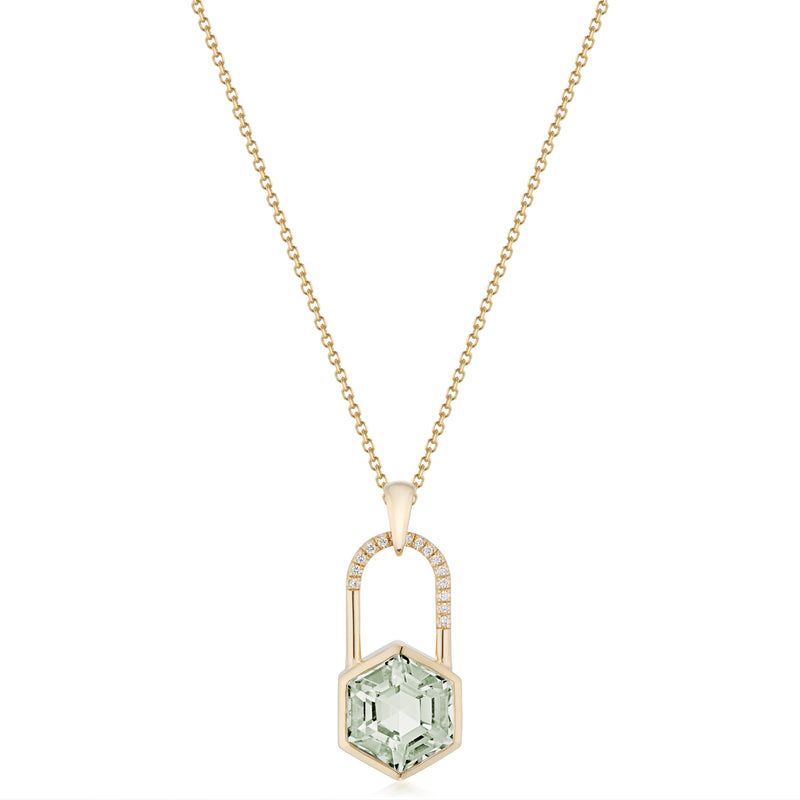 Vale Jewelry Large Hexagon Lock with Diagonal Pave Necklace in Yellow Gold